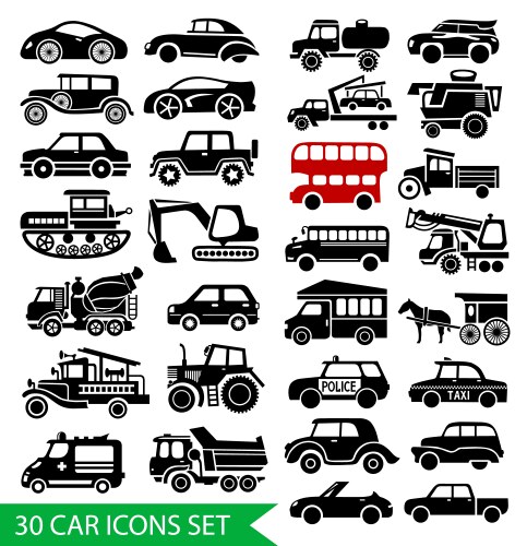 30 car icons set black auto web pictograph vector image