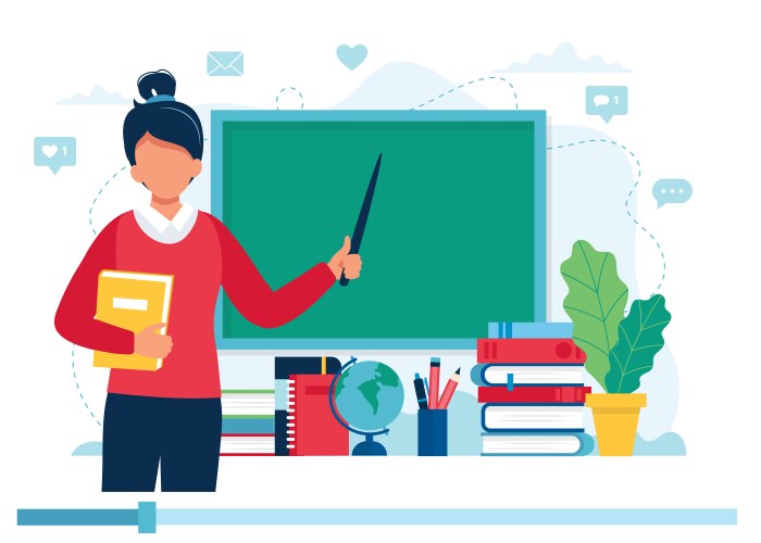 Online learning concept female teacher with books vector image