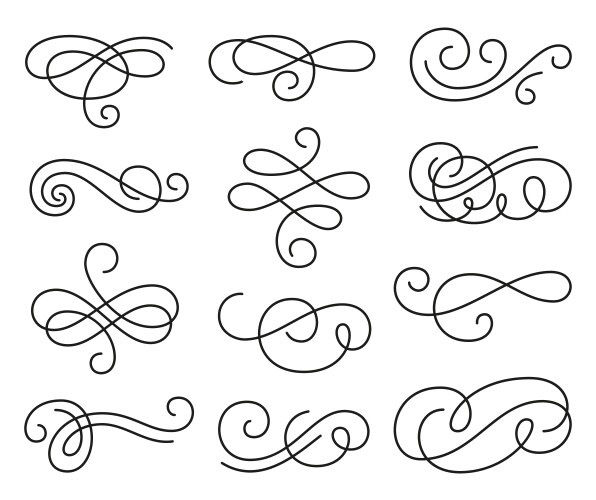 Calligraphic swirl filigree curl line flourish set vector image