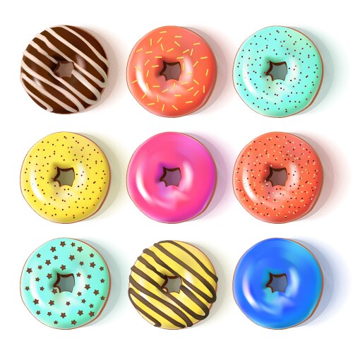 Glazed colored donuts set 3d vector image