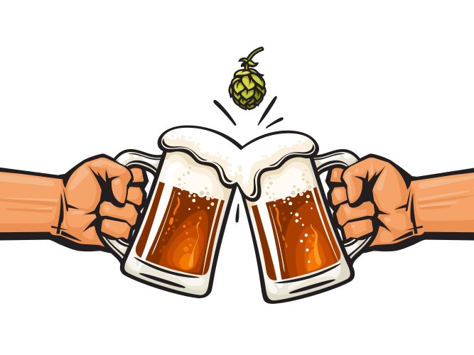 two hands holding toasting beer mugs and hop cone vector image