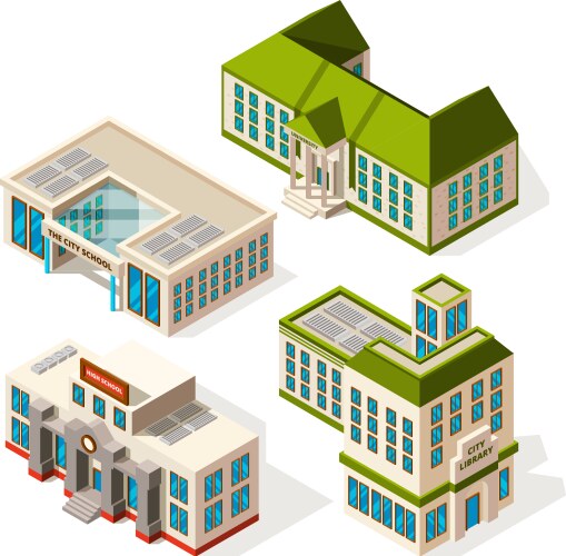 School buildings isometric 3d pictures of vector image