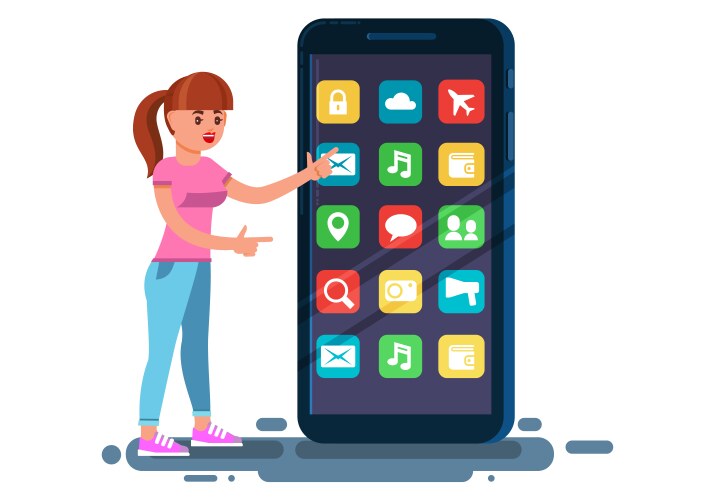 Flat woman girl typing on mobile smartphone vector image