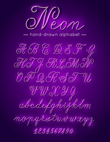 Purple neon handwritten font alphabet letters vector image