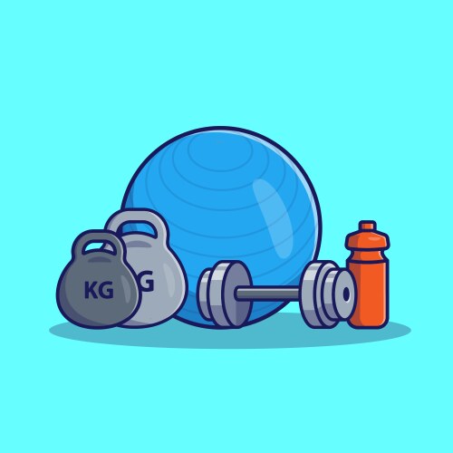 Barbell dumbbell bottle and fitness ball cartoon vector image