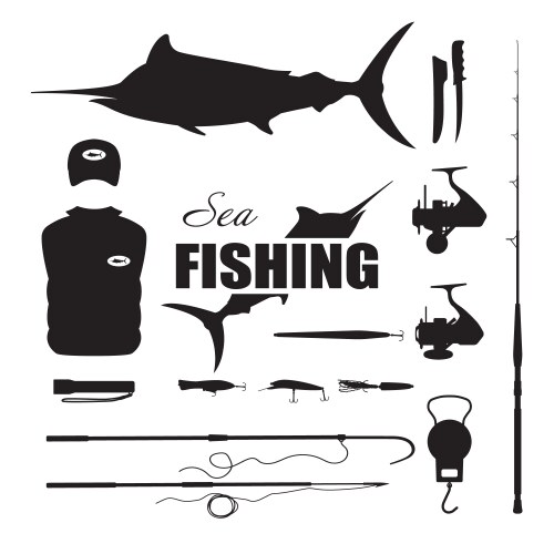 Set items fisherman sea fishing vector image