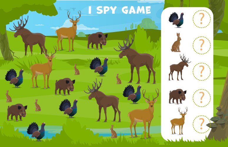 i spy game forest hunting animals kids worksheet vector image