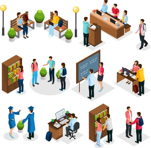 Isometric students in university set vector image