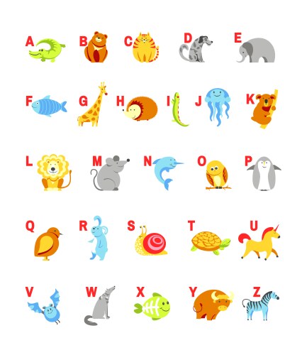 Alphabet cartoon animals with letters for child vector image