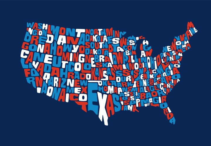 united states map with names in red white blue vector image