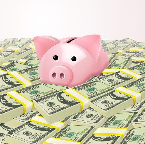 Piggybank in heap of money vector image