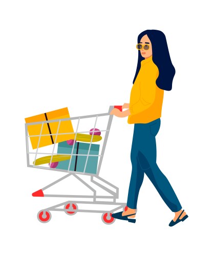 Shopping woman cartoon customer carrying cart vector image