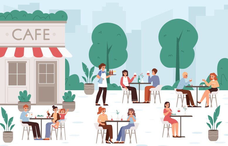 People in summer cafe drinking and eating food vector image