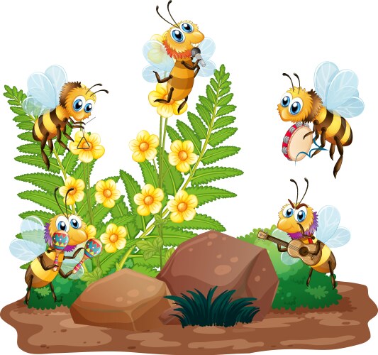 bees flying around garden on white background vector image