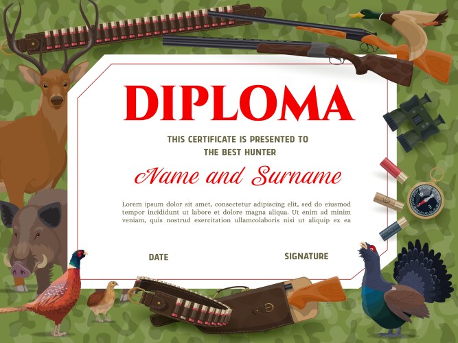 diploma with wild animals and hunting ammo weapon vector image