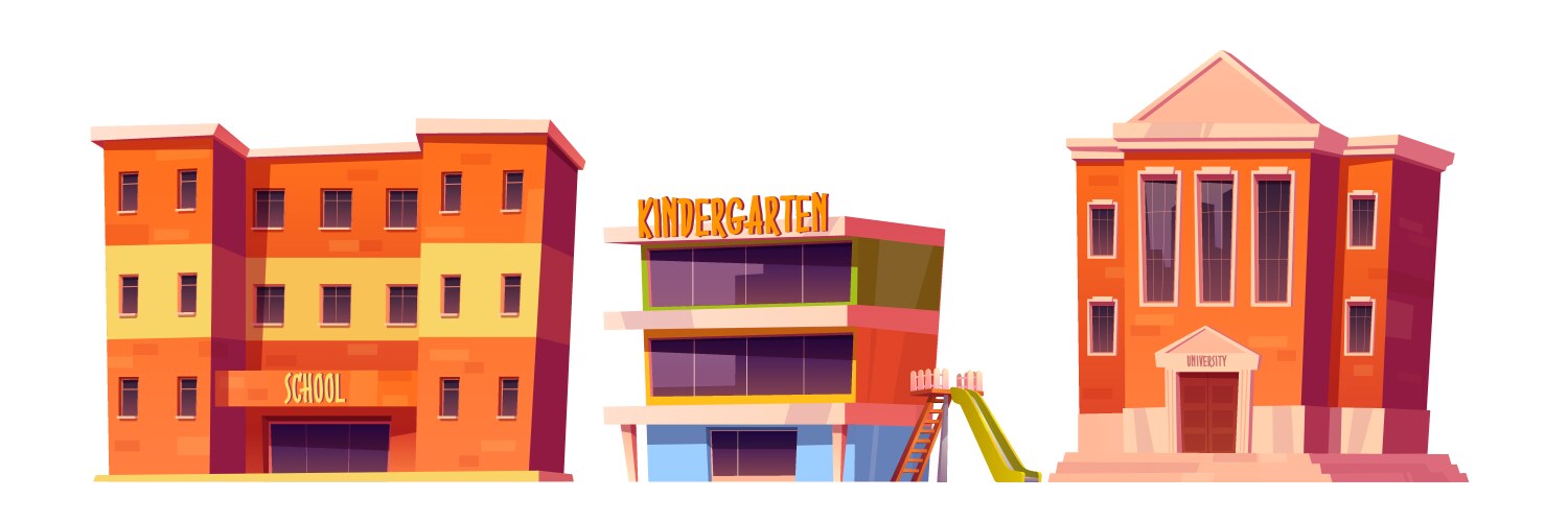 Kindergarten school and university buildings set vector image