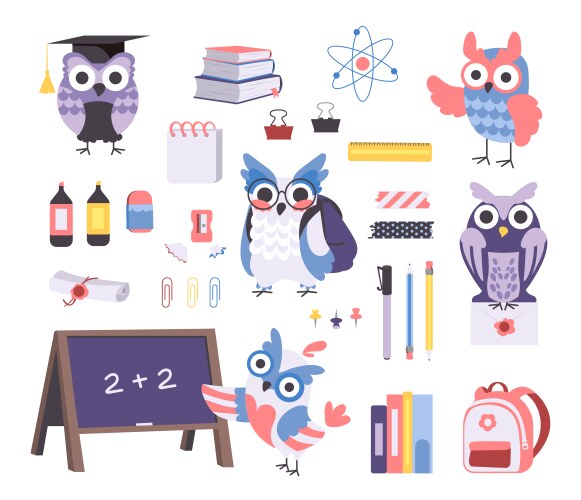 owl in school cartoon bird characters study vector image