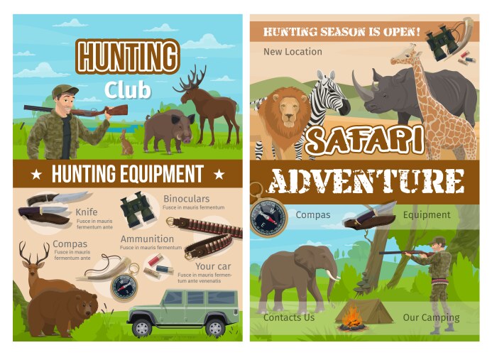 safari hunting animals hunter gun and equipment vector image