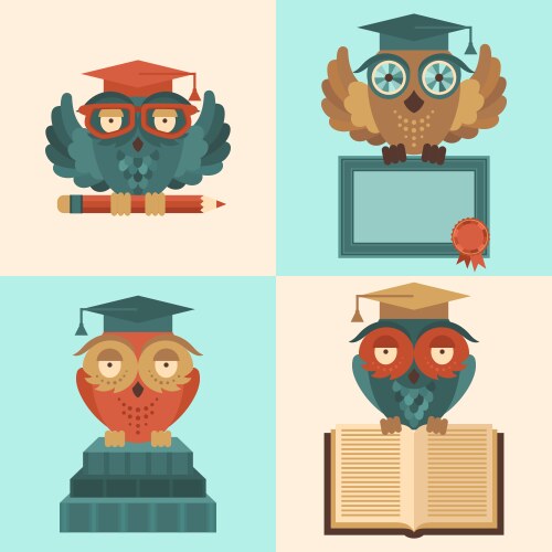 Owls in graduation caps set flat vector image