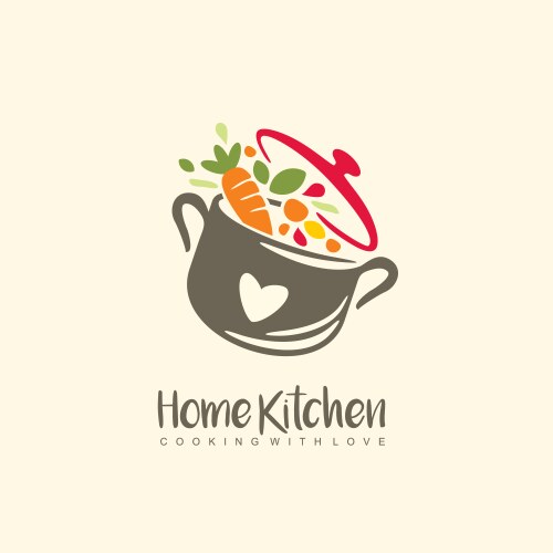 Home kitchen logo with pot full vegetables vector image