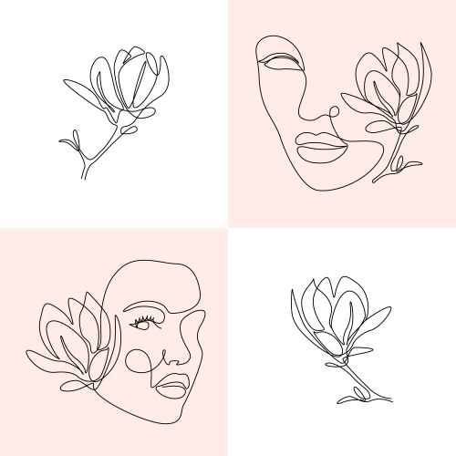 set woman faces and flowers in one line drawing vector image