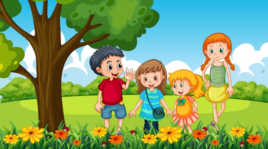 Park scene with many children in garden vector image