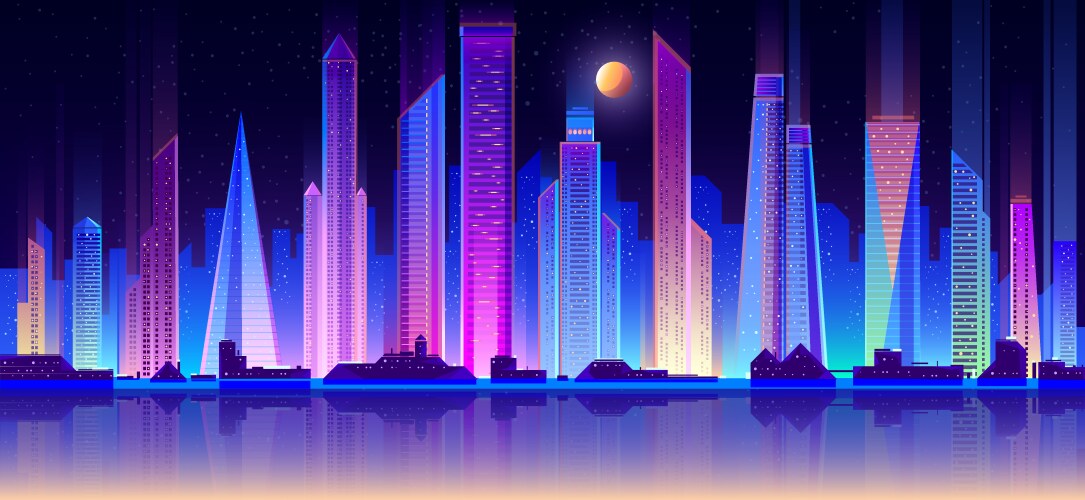 Night metropolis buildings on seashore flat vector image