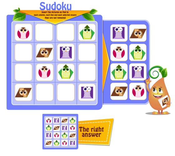 Shapes owls game sudoku kids vector image