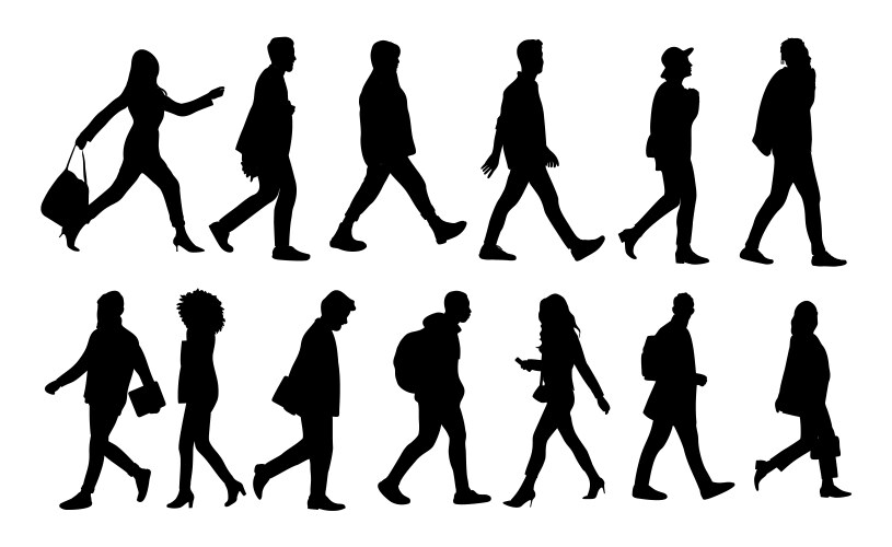 Silhouettes of various people walking side view vector image