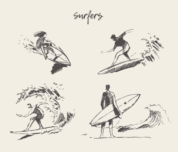 Set drawn young man beach surfboard sketch vector image