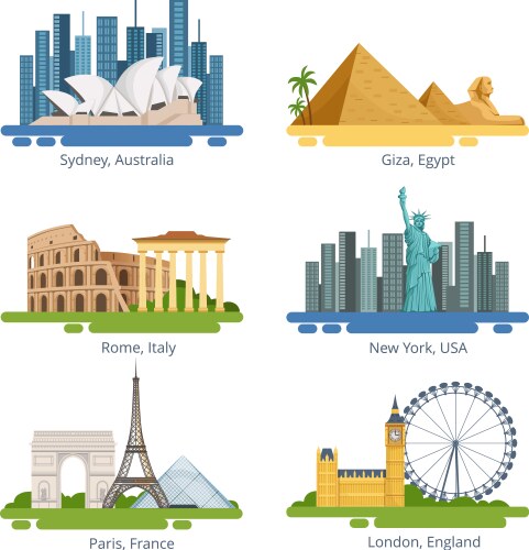 Different city panoramas with famous landmarks vector image