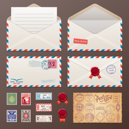 Mail envelope stickers stamps and postcard vector image