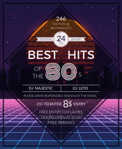 Retro 80s hits party poster vector image