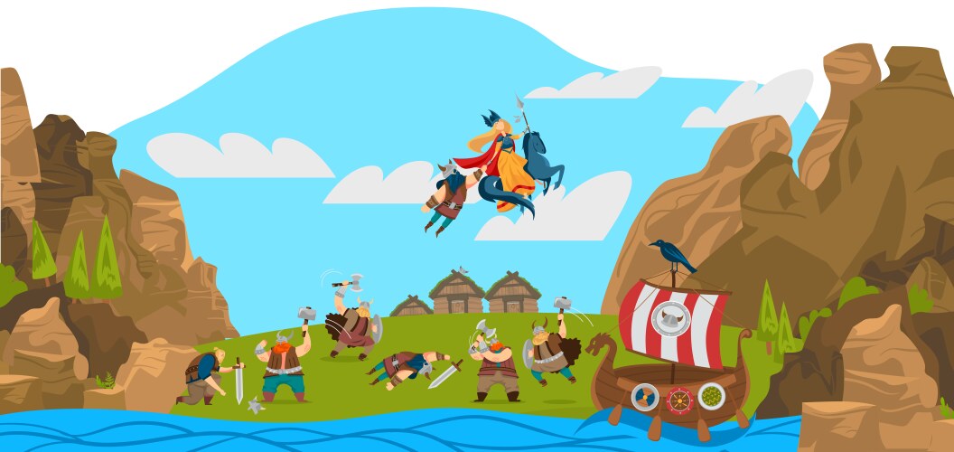 Vikings and scandinavian warriors gods landscape vector image