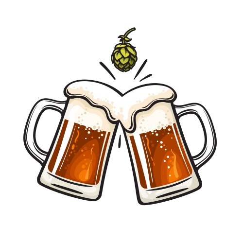 two toasting beer mugs and hop cone cheers vector image