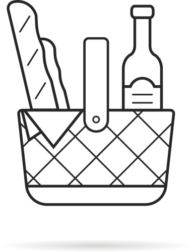 Black thin line picnic basket icon with food vector image