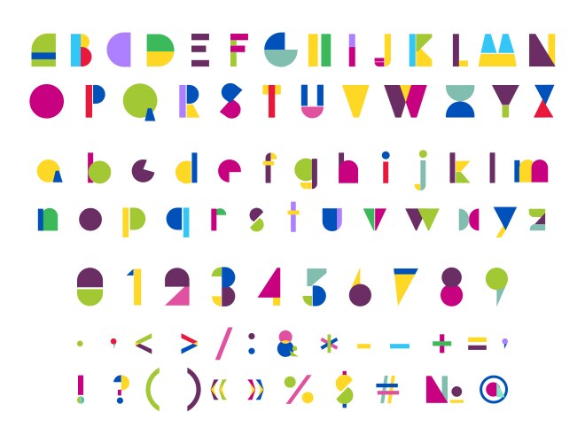 Font from geometric shapes of different color vector image