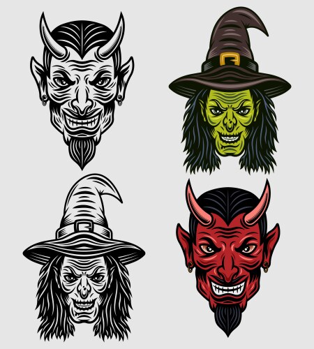 Devil head and witch set objects vector image