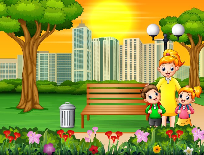 Happy mother and children in city park vector image