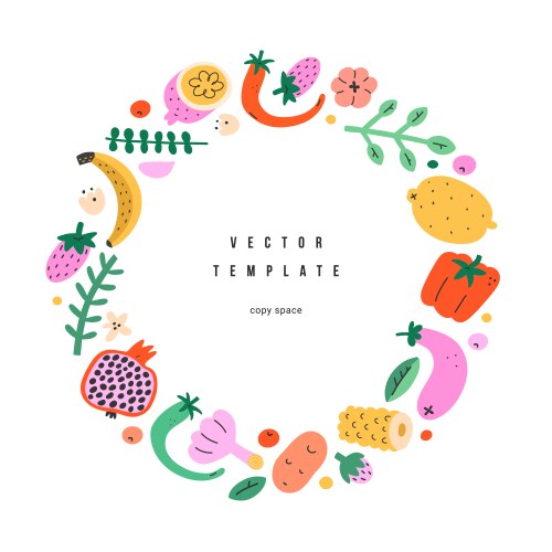 Fruits vegetables frame circle border template vector image