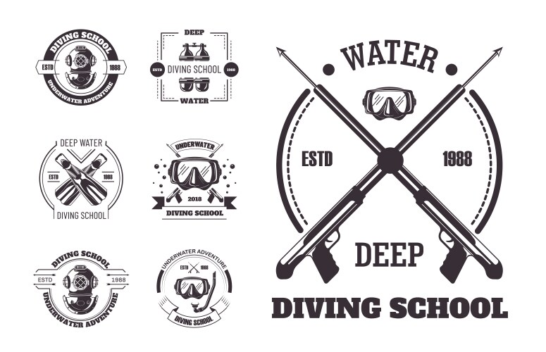 Diving school deep water promo monochrome emblems vector image