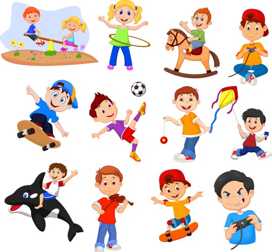 Cartoon kids with different hobbies on a white bac vector image