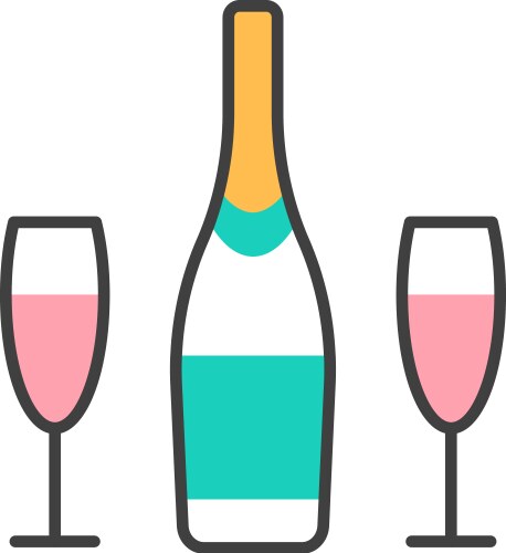 Champagne flat line bottle and two glasses icon vector image