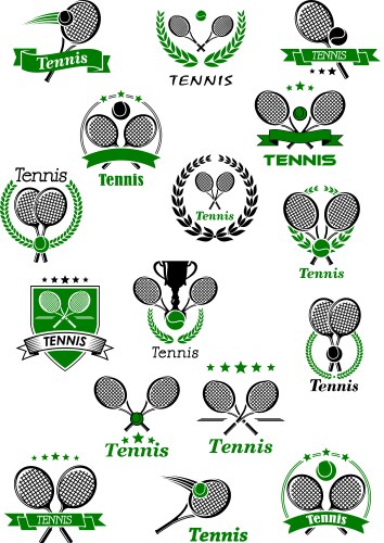 tennis emblems with balls rackets and trophy vector image