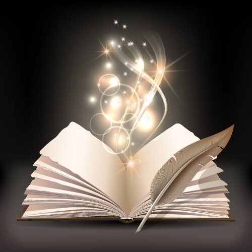 Open book with mystic bright light and feather vector image