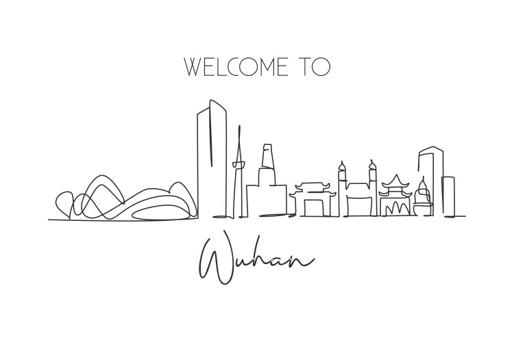 Single continuous line drawing wuhan skyline vector image