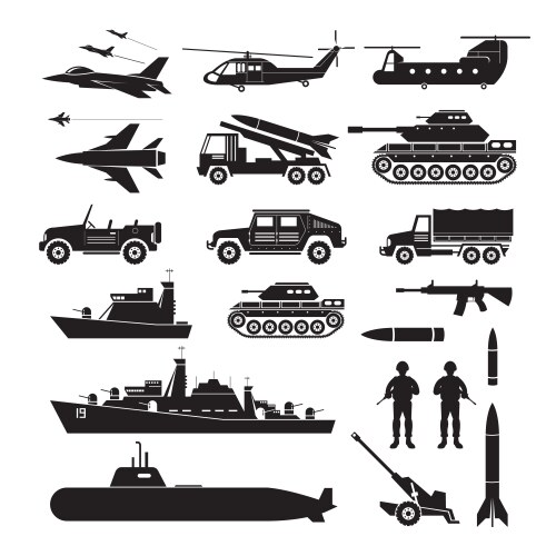 Military vehicles object silhouette set side view vector image