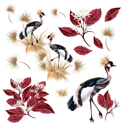 Set with graceful birds and leaves vector image