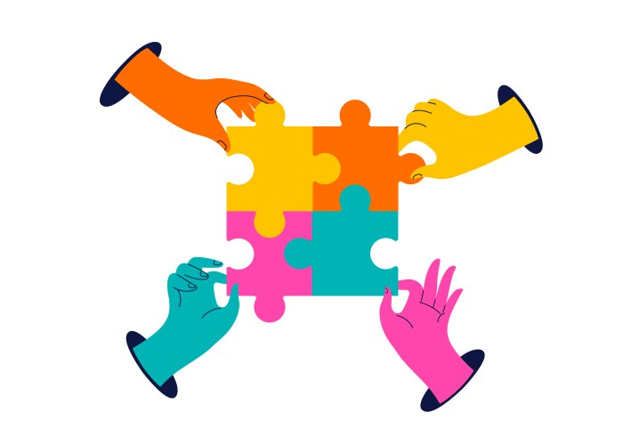 Collection of colorful hands holding jigsaws vector image