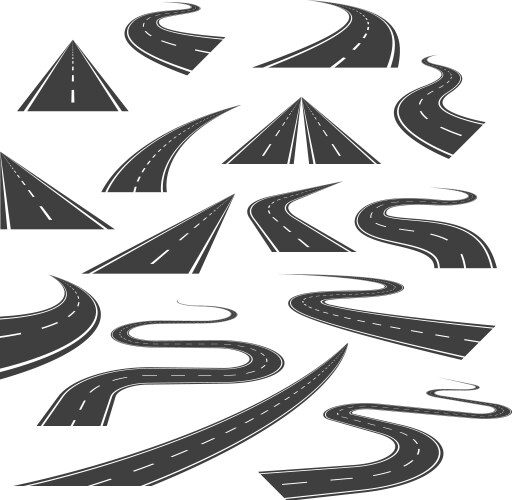 Big set of asphalt road curves turns bankings vector image